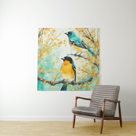 Tenture Deux oiseaux assis sur la branche de l'arbre (En situation)