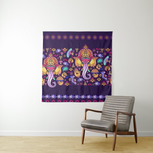 Tenture Dieu hindou Ganesha et symboles indiens en bande (En situation)