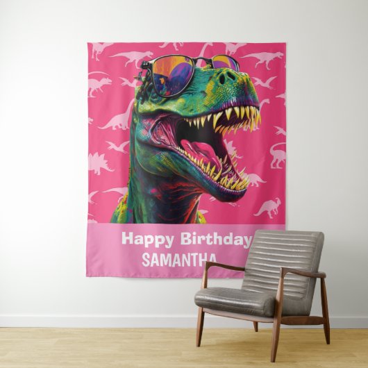 Tenture Dinosaur Cool T Rex Pink fond (En situation)