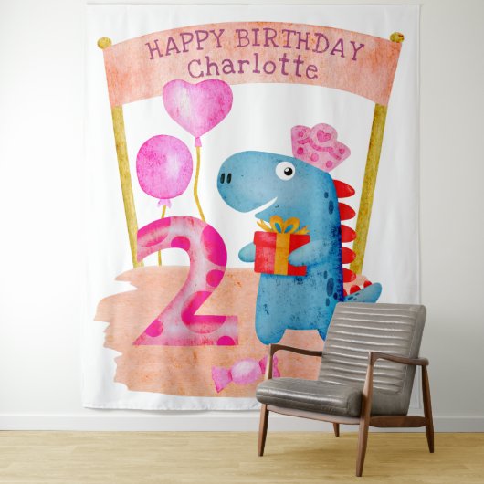 Tenture Dinosaur Cute Personnalisé pour Fille 2 Ans Annive (En situation)
