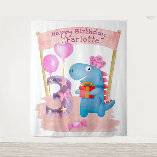 Tenture Dinosaure Cute Girly 3 ans Anniversaire (Devant)