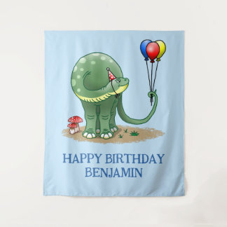 Tenture Dinosaure tenant trois ballons d'anniversaire