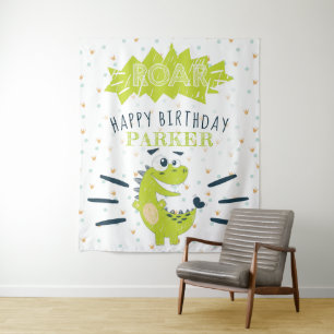 Tenture Dinosaure Vert Rugissant Joyeux Anniversaire Perso