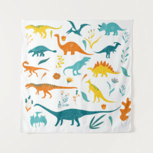 Tenture Dinosaures stylisés, éléments floraux, mignons.