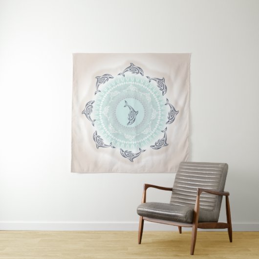Tenture Dolphins Mandala Blue Taupe Coastal (En situation (horizontale))