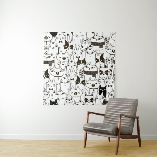 Tenture Doodle chats : drôle de motif sans soudure. (En situation)