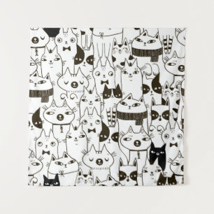 Tenture Doodle funny cats seamless pattern. 