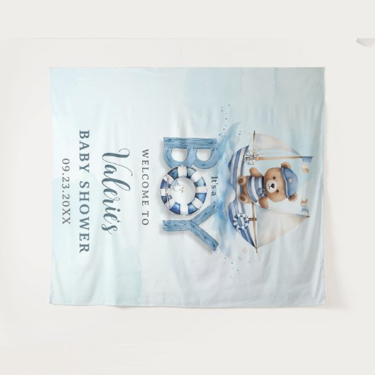 Tenture Douce Baby Shower Ourson Marin Bleu Bateau Garçon (Devant (Horizontal))