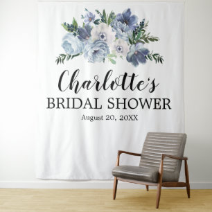 Tenture Douche de Mariage Fleurie Bleu Poussiéreux