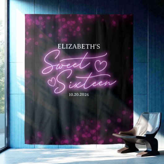 Tenture Doux 16 Anniversaires rose chaud Neon fond
