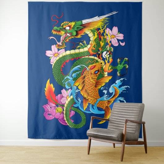 Tenture Dragon chinois vert Koi (En situation)