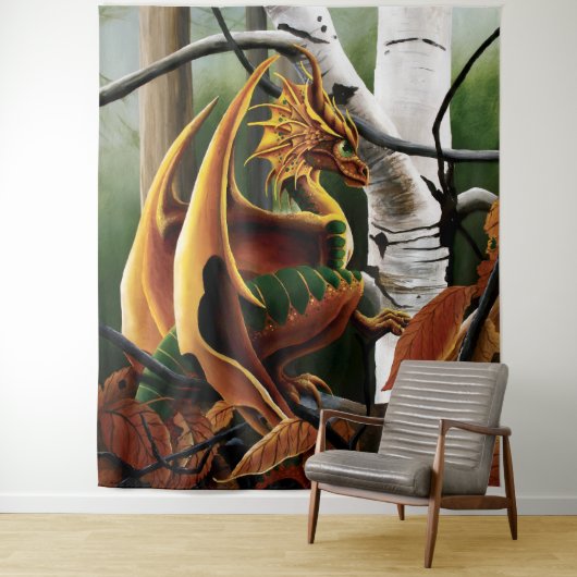 Tenture Dragon d'automne Imaginaire vert orange (En situation)
