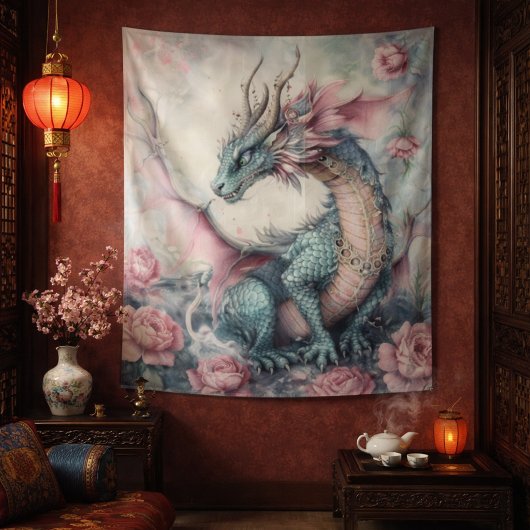 Tenture Dragon Enchanté Avec Des Roses