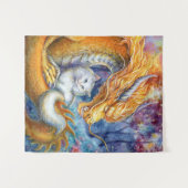 Tenture Dragon Feu et Chat Blanc dans une Forêt Mystique (Devant (Horizontal))