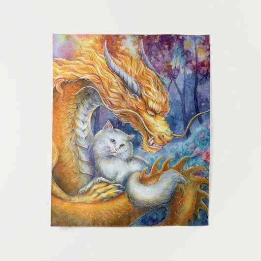 Tenture Dragon Feu et Chat Blanc dans une Forêt Mystique (Devant)