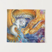 Tenture Dragon Feu et Chat Blanc dans une Forêt Mystique (Devant (Horizontal))