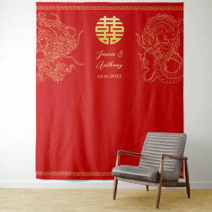Tenture Dragon mariage chinois rouge et fond de phoenix