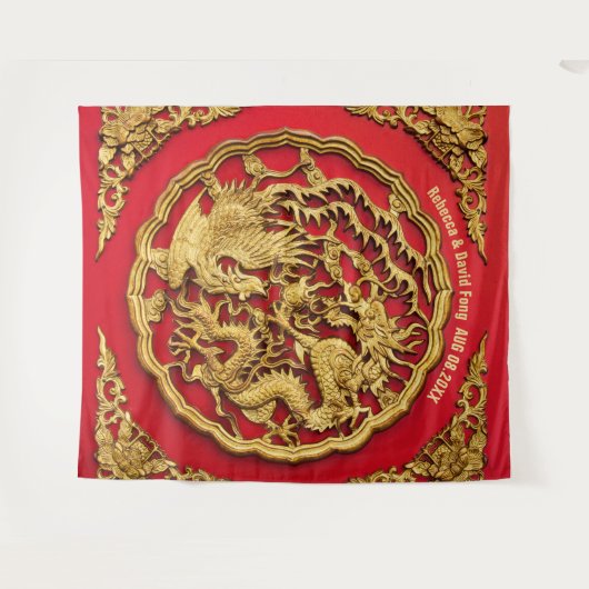 Tenture Dragon Phoenix Rouge or Mariage chinois fond (Devant (Horizontal))