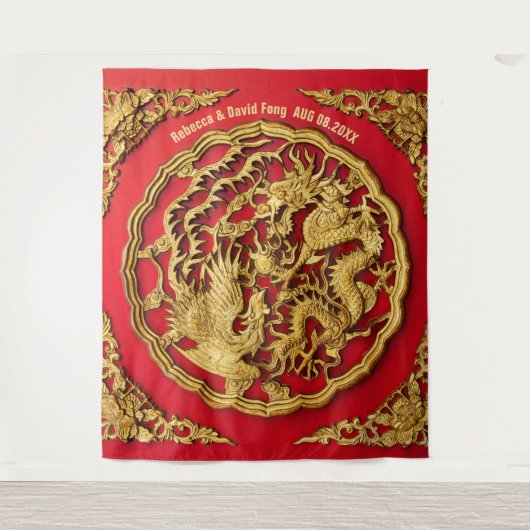 Tenture Dragon Phoenix Rouge or Mariage chinois fond (Devant)