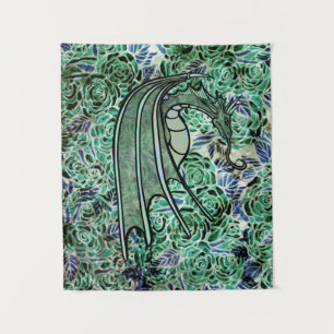 Tenture Dragon Roses Green Nature Dragons Abstrait Rose