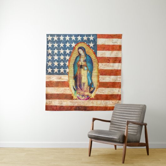 Tenture Drapeau Notre-Dame de Guadalupe & États-Unis (En situation)