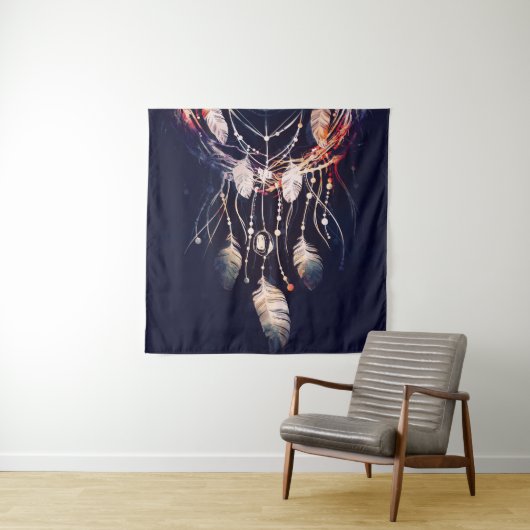 Tenture Dreamcatcher, branches, style boho, art numérique. (En situation)