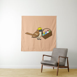 Tenture Drôle mignon oiseau avec panier d'oeufs colorés