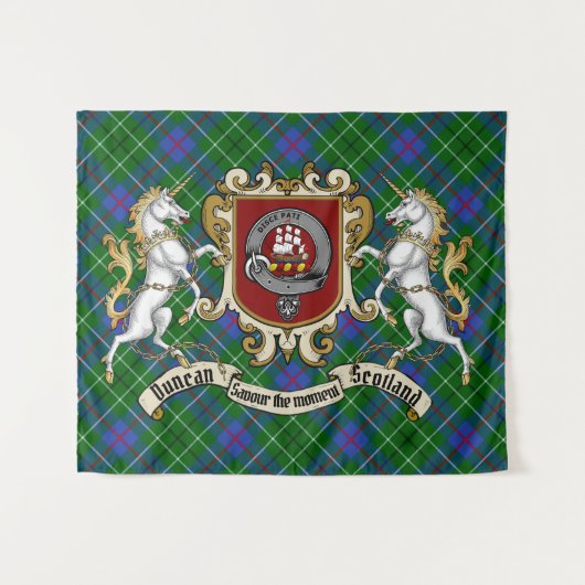 Tenture Duncan Clan Badge & Unicorns avec Tartan (Devant (Horizontal))