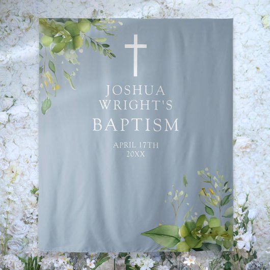 Tenture Dusty Blue Greenery Baptism fond photo