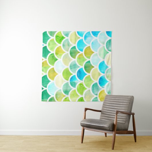 Tenture Échelles de sirène. Aquarelle écailles de poisson. (En situation (horizontale))