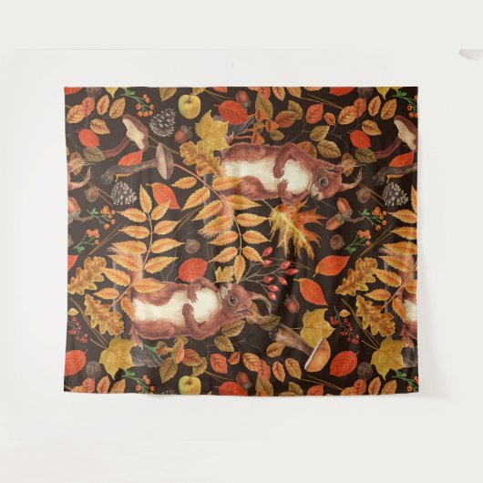 Tenture Écureuils automnaux et flore sur brun foncé (Devant (Horizontal))