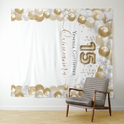 Tenture Elégant Arc Blanc Or Balloon Quinceañera (En situation (horizontale))