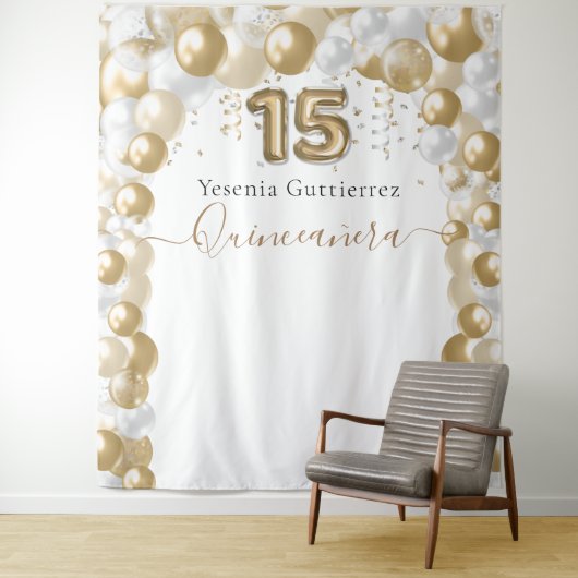 Tenture Élégant Arche de Ballons en Or Blanc pour Quinceañ (En situation)