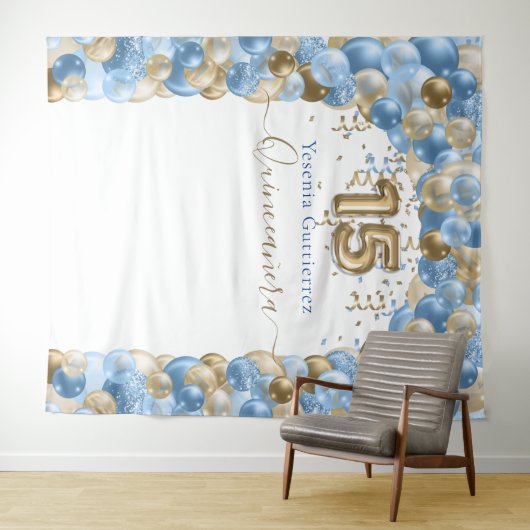 Tenture Elégant Bleu Or Balloon Arch Quinceanera (En situation (horizontale))