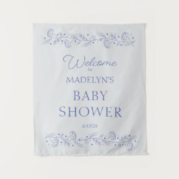 Tenture Elegant Blue Floral Vines Baby Shower Welcome Sign