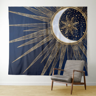 Tenture Elégant Blue Gold Sun Moon Mandala