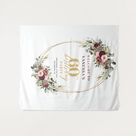 Tenture Elegant Boho Burgundy Gold Floral 60th Birthday (Devant (Horizontal))