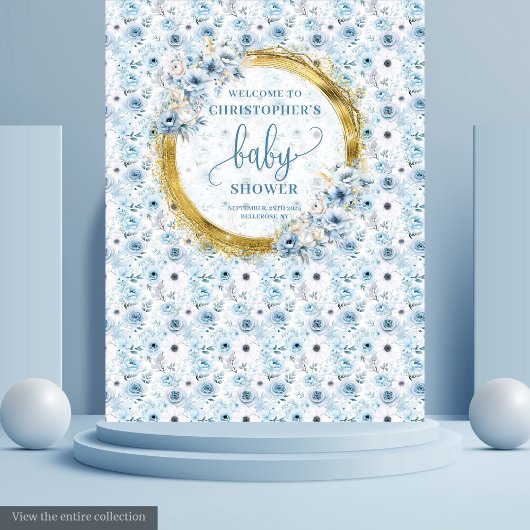 Tenture Elégant boho pastel bleu fleurs baby shower or