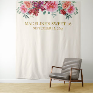Tenture Élégant Bourgogne Floral Pink Peonies Sweet 16