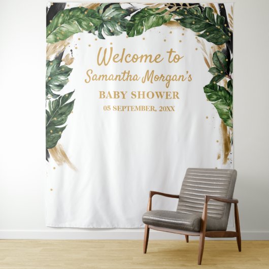 Tenture Élégant été fleurs tropicales baby shower or (En situation)