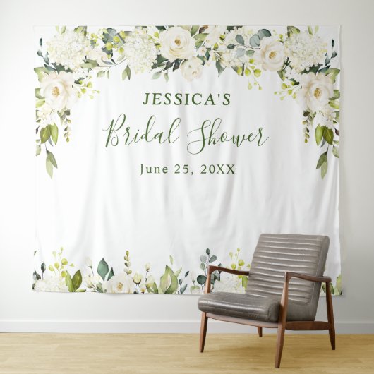 Tenture Elegant Eucalyptus Roses Blanches Mariage Shower (En situation (horizontale))