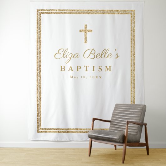 Tenture Elegant Gold Cross Baptism Photo Booth fond (En situation)