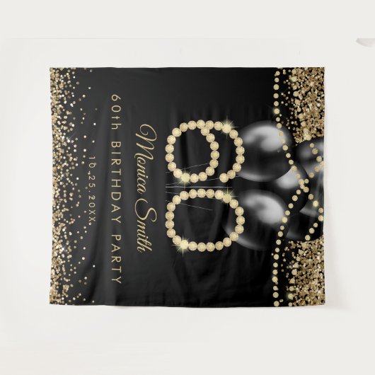 Tenture Elegant Gold Diamonds 60th Birthday Party Backdrop (Devant (Horizontal))