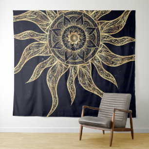 Tenture Elégant Gold Sun Mandala Blue Nebula Design