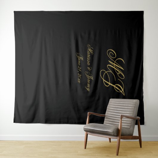 Tenture Élégant Mariage de script de monogramme en or noir (En situation (horizontale))