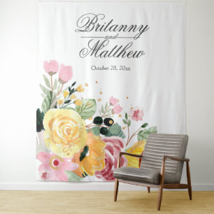 Tenture Élégant Mariage Floral Aquarelle Personnalisé