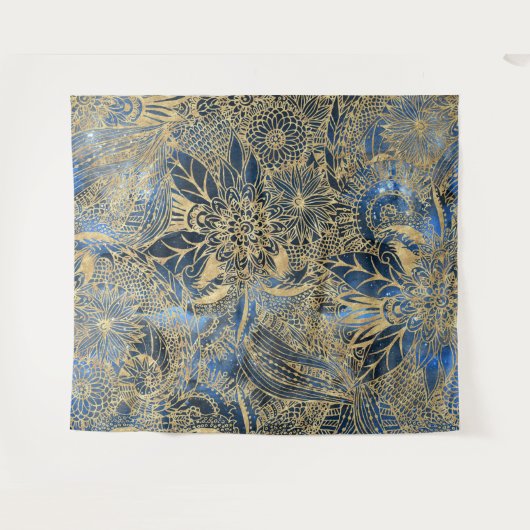 Tenture Elégant or Mandala Fleurs Bleu Nebula (Devant (Horizontal))