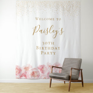 Tenture Élégant Script or & floral blush fête d'anniversai