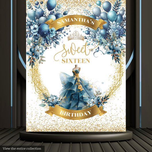 Tenture Elégant Sweet 16 Blue Gold Parties scintillant d'a
