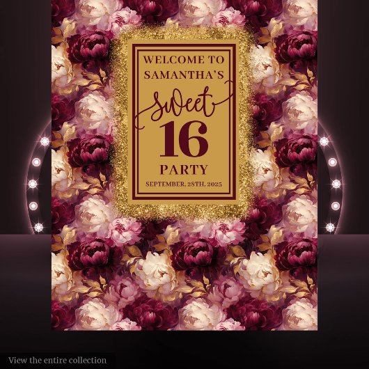 Tenture Élégant Sweet 16 Blush Burgundy Gold Party Backdro